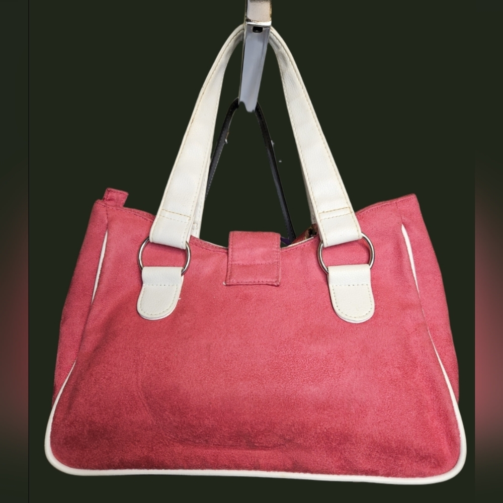 #575- Pink Suede And White Leather Handbag w/bow & Bagcharm - Picture 2 of 5